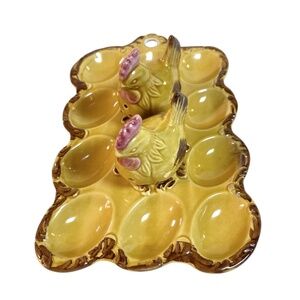 Vintage Deviled Egg Plate With Matching Rooster Salt & Pepper Shakers Set Japan